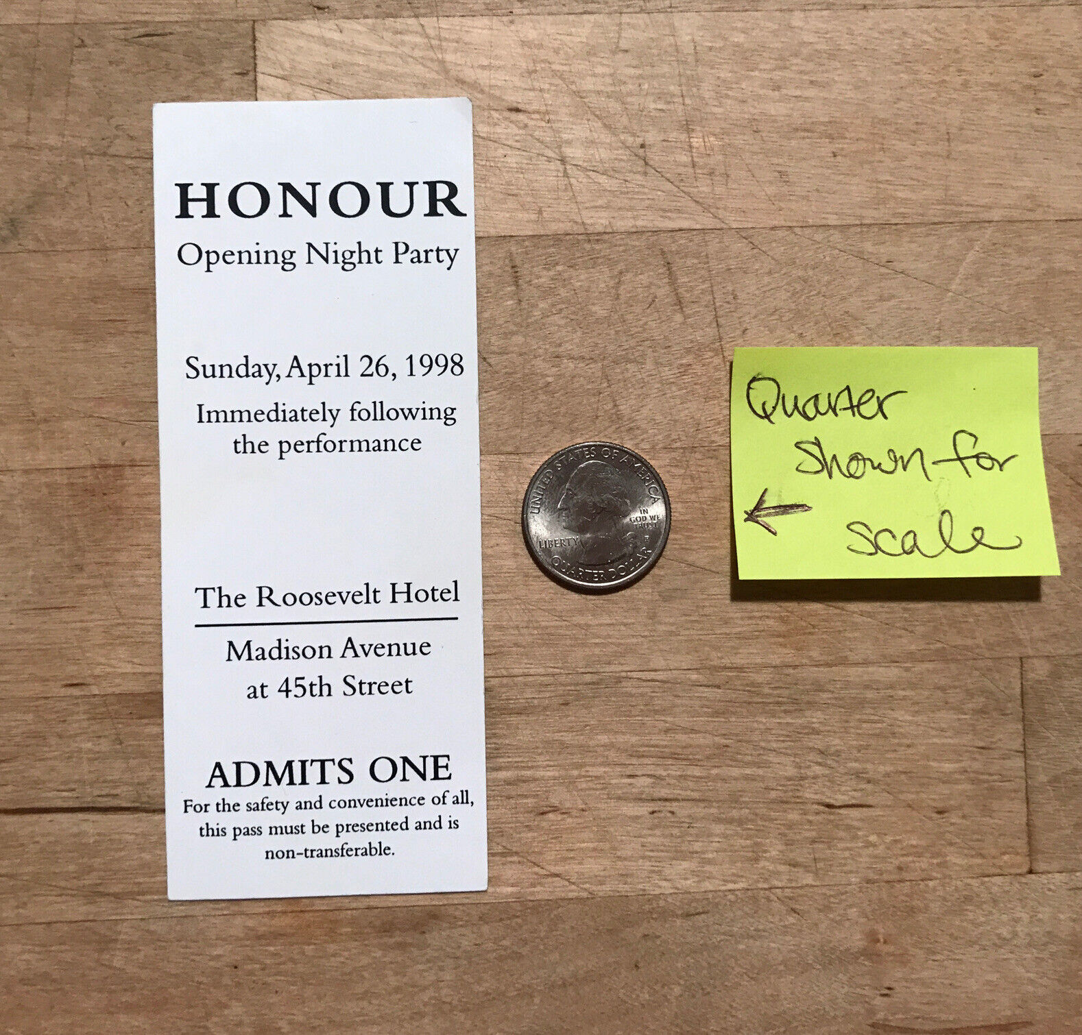 Honour Bway April 1998 Broadway Opening Night Party Pass! Rare Musical Play Bway