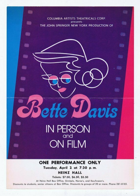 Original Vintage 1974 Bette Davis In Person And On Film 7x10 Poster Pittsburgh