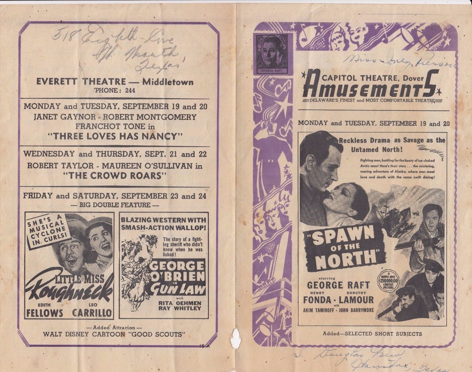 Gene Autry Ginger Rogers George Raft Fonda 1938 Ad Sheet For Delaware Theatres