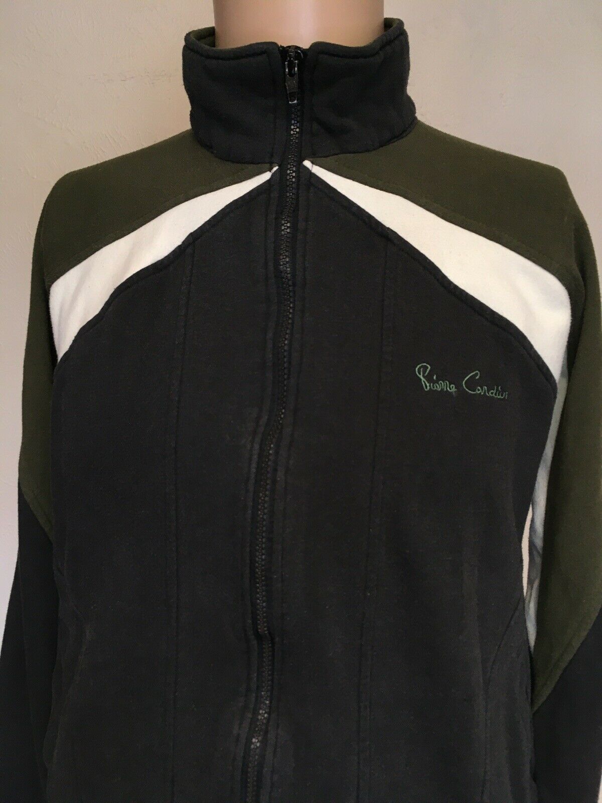Vtg 80s Pierre Cardin Full Zip Colorblock Sweat Jacket Black Army Green White M