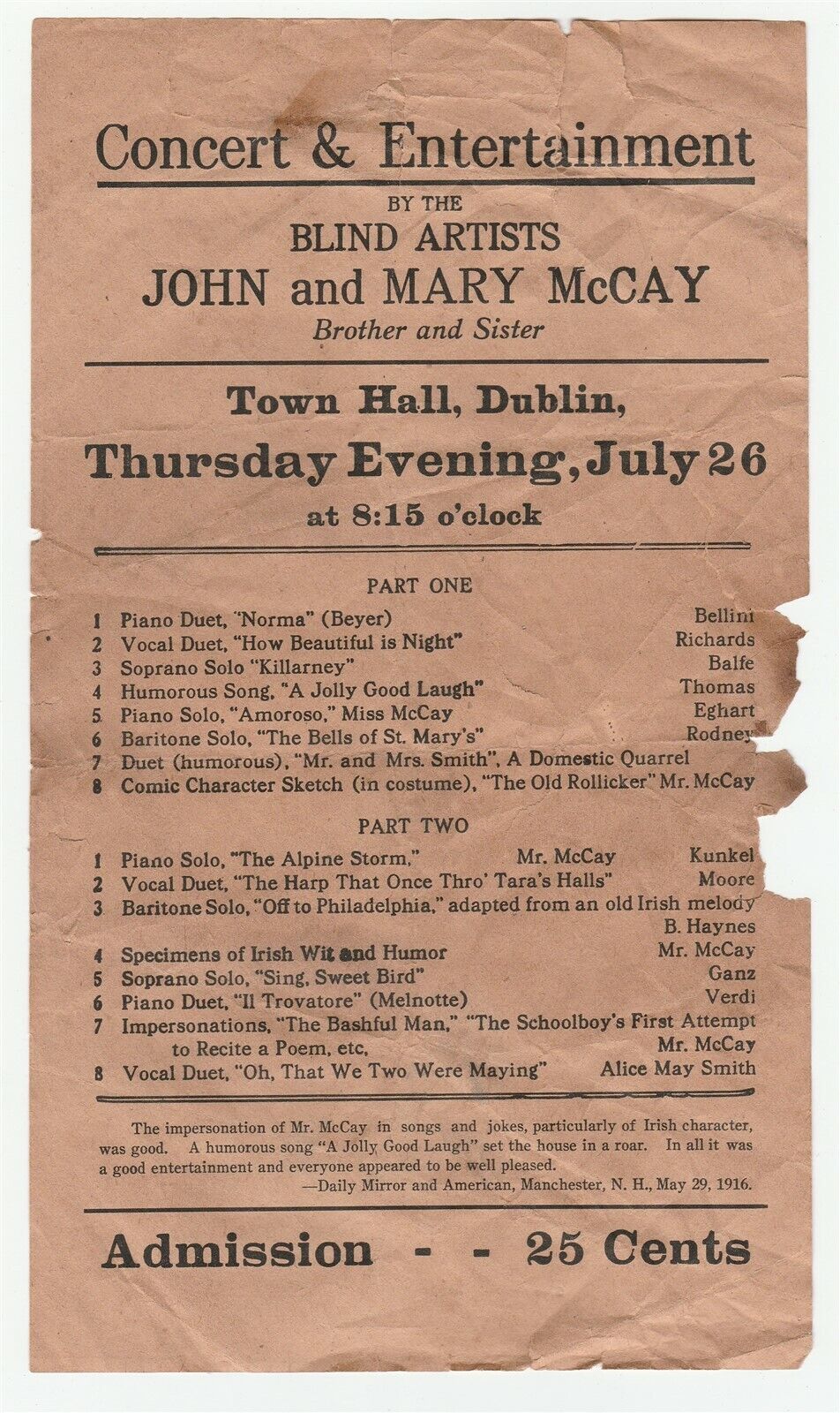Blind Singers John & Mary Mccay, 1917 Dublin New Hampshire Flyer